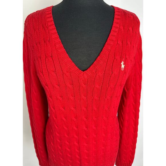 Ralph Lauren Size XL Women's Cable Knit V-Neck Sweater Fisherman Gold Pony Red - Picture 2 of 11